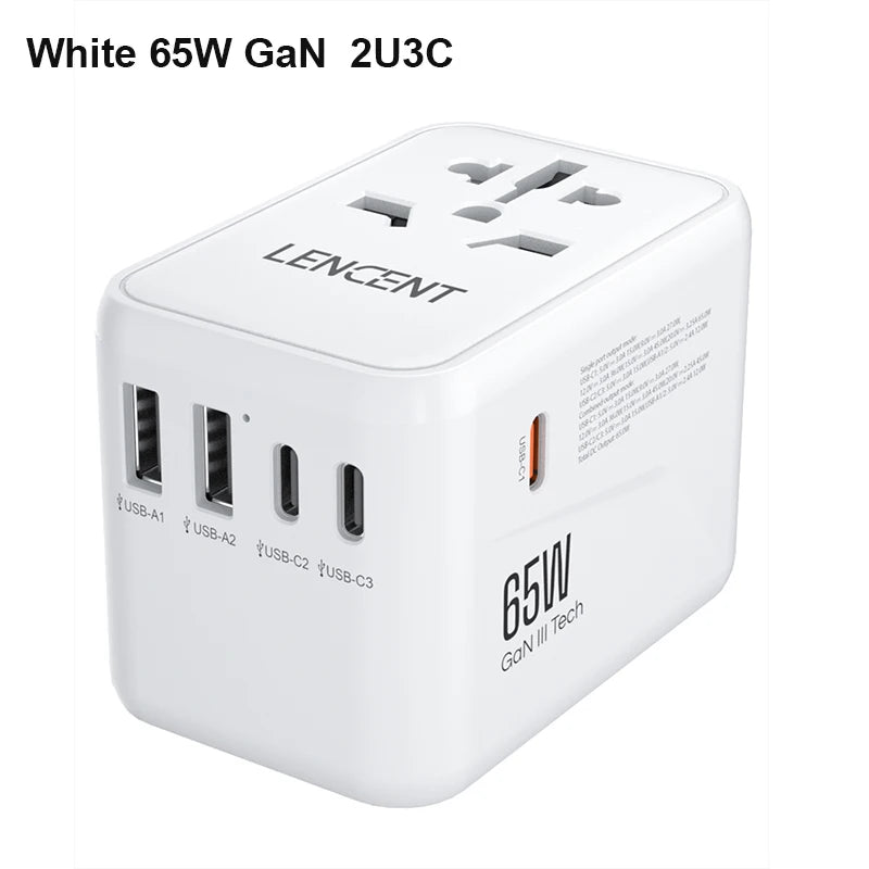 LENCENT 65W GaN Universal Travel Adapter with 2 USB Ports 3 Type C Fast Charging Power Adapter EU/UK/USA/AUS plug for Travel