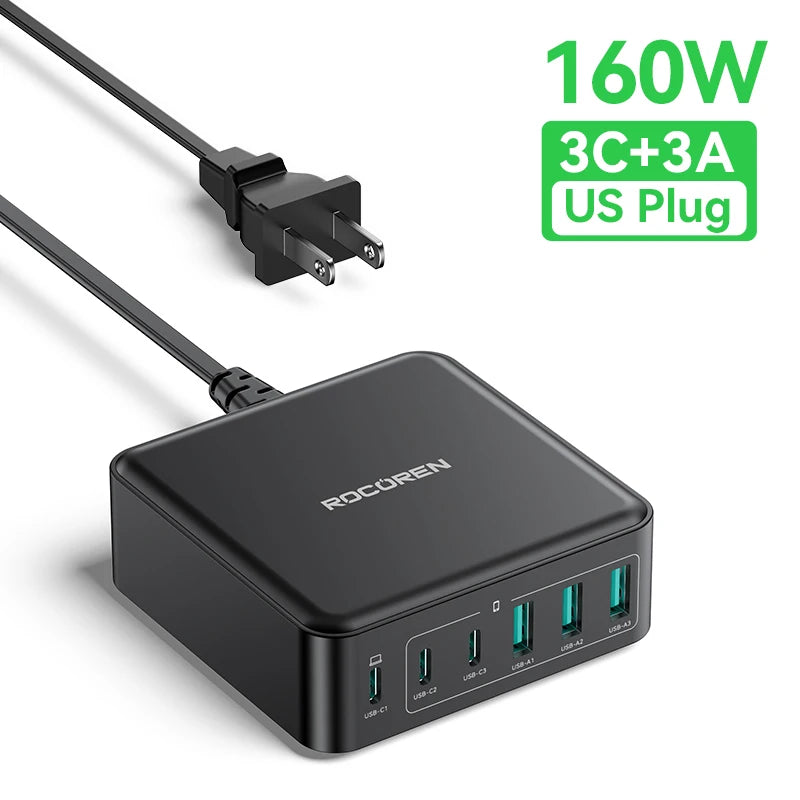 Rocoren Portable 160W GaN USB Type C Desktop Charger 6 Ports Fast Charging Power Station Type C Charger for iPhone 16 15 MacBook