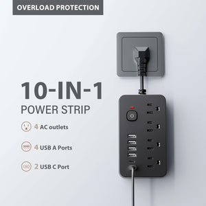 10-in-1 US Power Outlet, Power Outlet Surge Protector, 4 AC Outlets, 4 USB 2 Type-C, Desktop Charging Station with Overload Prot