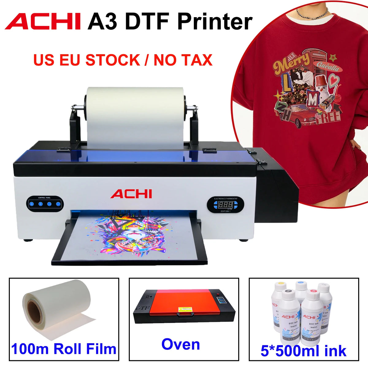 ACHI DTF Transfer Printer R1390 DTF Printer T Shirt Printing Machine With Curing Oven for Clothes Hoodies Jeans Textile US Stock - Stereotech