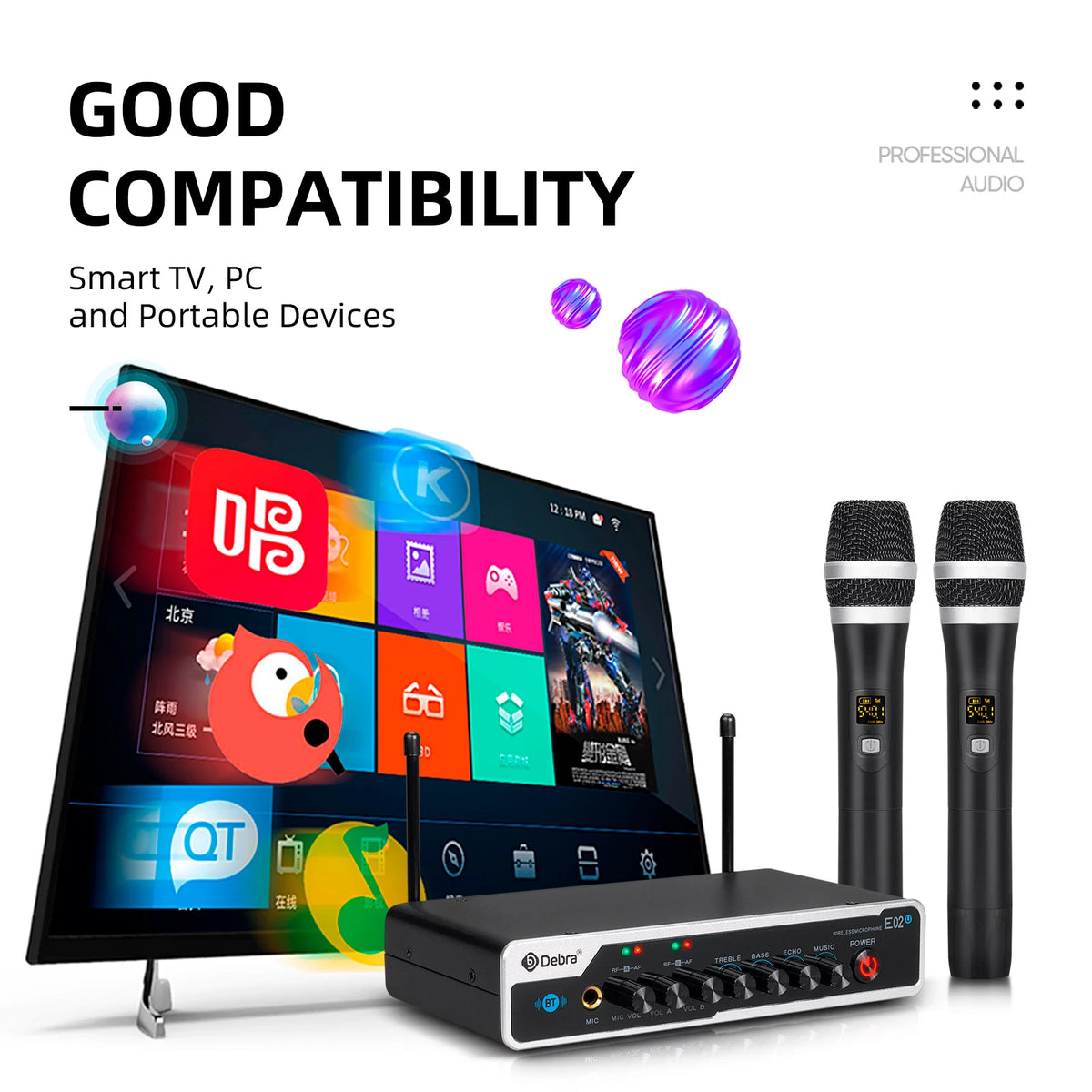E02U Professional Portable Wireless Microphone System, 2 Handhelds with Bluetooth 5.0 and Reverb for House Parties, KTV Karaoke