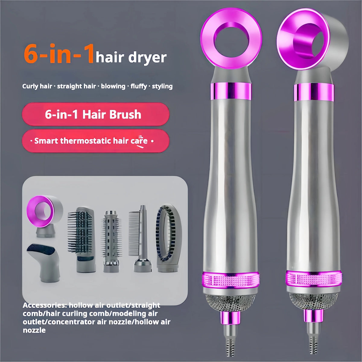 6-in-1 Hair Dryer Set with Diffuser, Concentrator, and Curling Wand - Fast &amp; Safe Styling - Stereotech