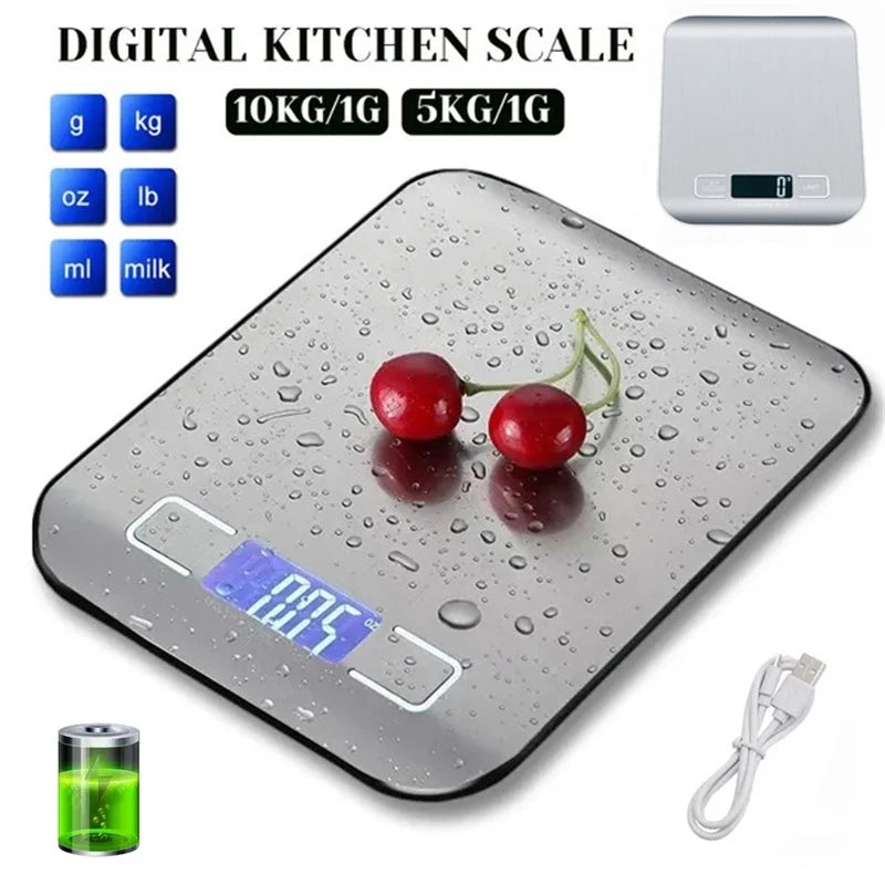 Digital Kitchen Scale 5kg/10kg Stainless Steel Panel USB Charg Precise Small Platform Scale Portable Multifunction LCD Display - Stereotech