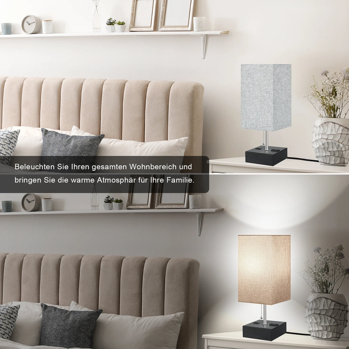 Bedside Lamp Pulling Switch Desk Nightstand Lamp with 2 USB Charge Port Rectangular Fabric Shade for Bedroom Living Room Decor