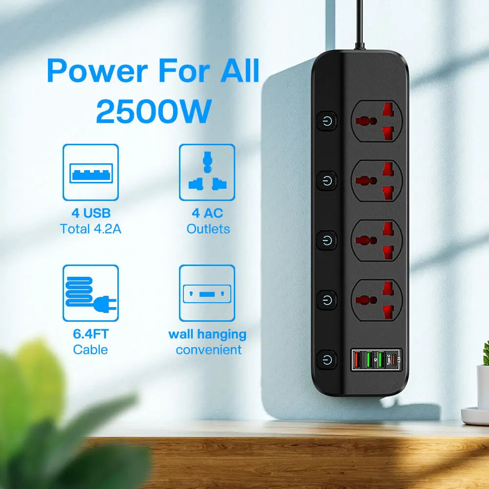 2500W Smart Power Strip USB Wall Socket With Surge Protector 1.97m Extension Cord Type C USB Socket Plug Adapter for Home Office