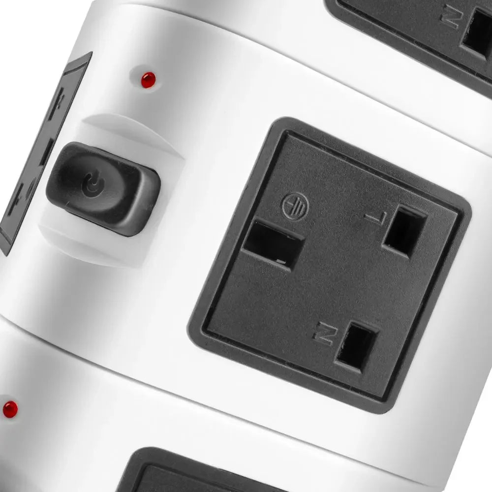 Melery Vertical Power Strip Surge Protector Tower Layer Outlet UK Electric Plug Socket USB Charger 3m Extention Cord Office Home