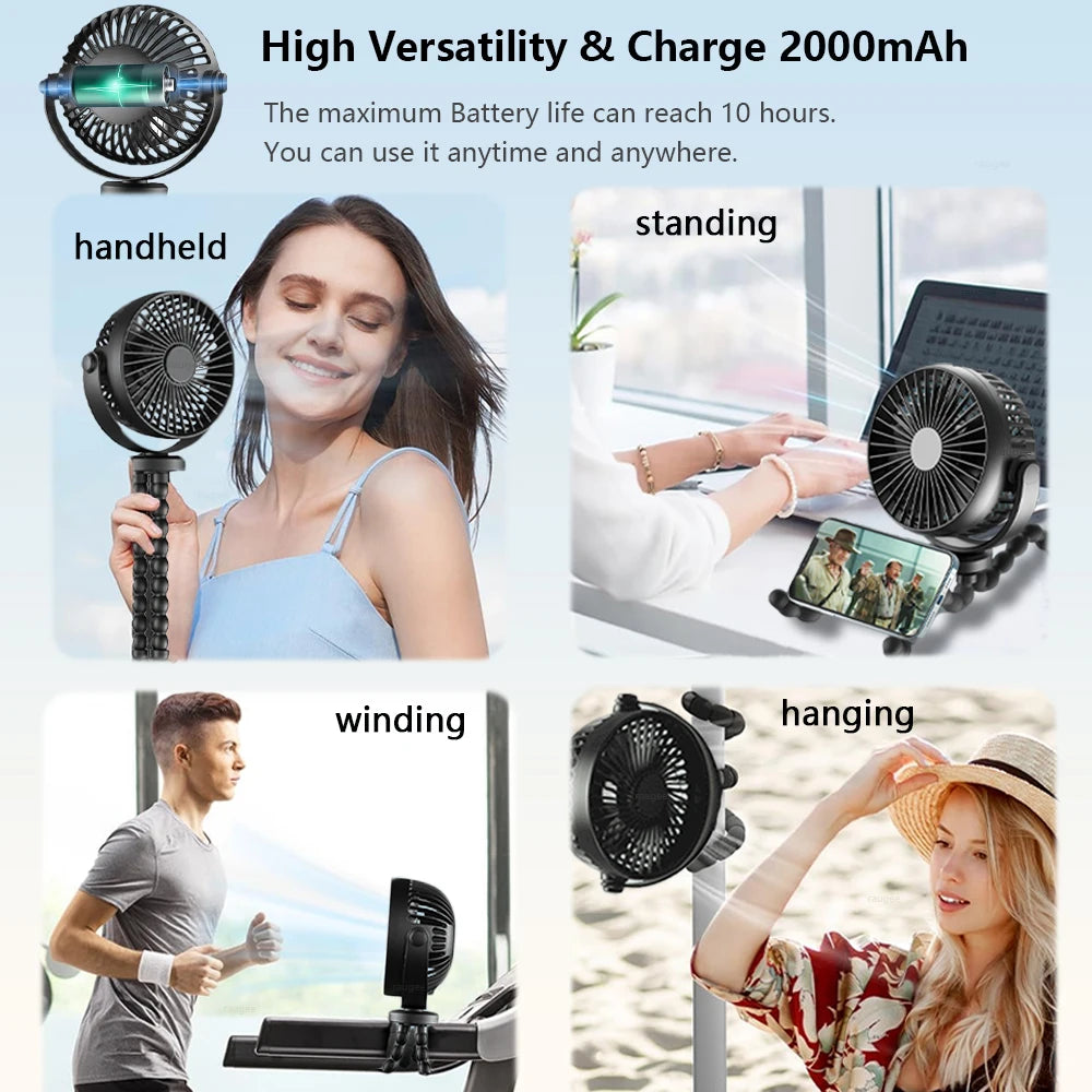 Baby Stroller Fan Hand Held Portable USB Rechargeable Fan Flexible Tripod Mini Folding Fans Personal Small Fan for Car Outdoor