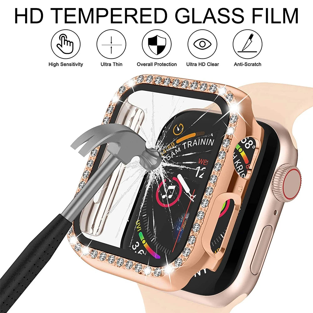Screen Protector Case For Apple Watch 41mm 45mm 40mm 44mm Diamond Full Cover Bumper + Glass for iWatch Series 9 8 7 6 Se 5 4 3 2 - Stereotech