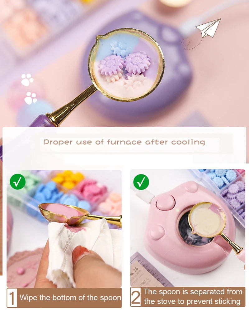 Electric Wax Furnace&amp;Spoon Set Cute Cat Paw Shape Pot Warmer Melt Electric Heater Wax Beads Furnace Spoon Set For Wax Seal Stamp