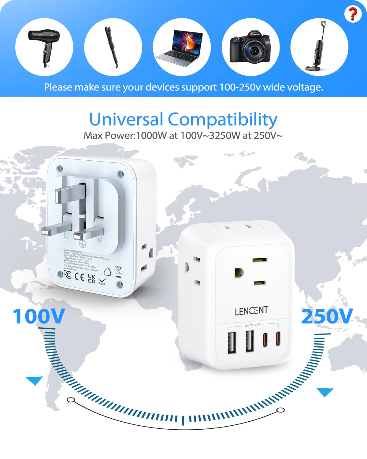 LENCENT US to UK Travel Plug Adapter International Type G  Foldable Power Plug with 4 Outlets+2USB-A+2USB-C  5V/3A Power Adaptor