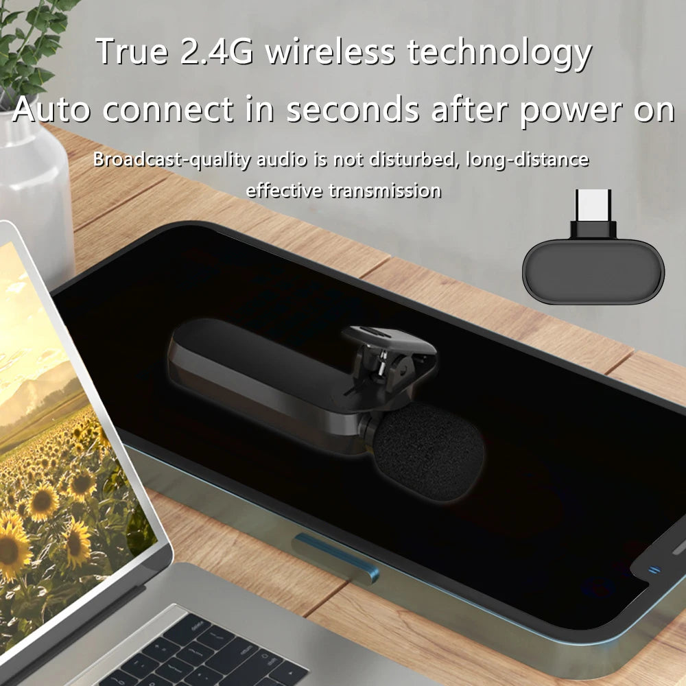 Wireless Lavalier Microphone for TYPE-C Cordless Mini Recording Mic Plug-Play 2.4G Noise Reduction for Interview Podcast Vlog - Stereotech