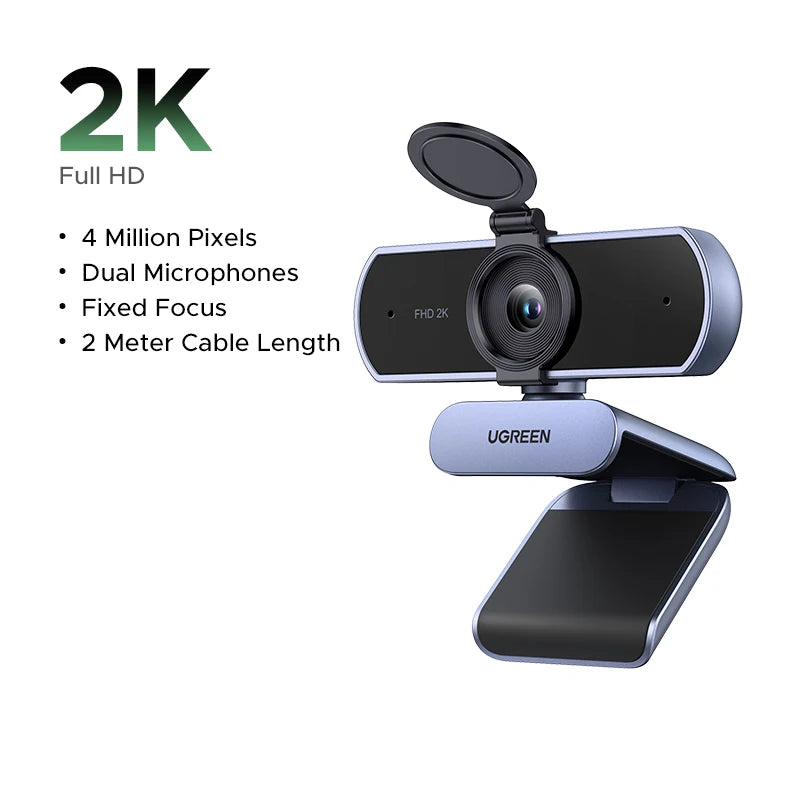 UGREEN 2K Webcam with Microphone, Full HD USB Web Camera, Adjustable FOV, Auto Light Correction, Video Webcam for Streaming