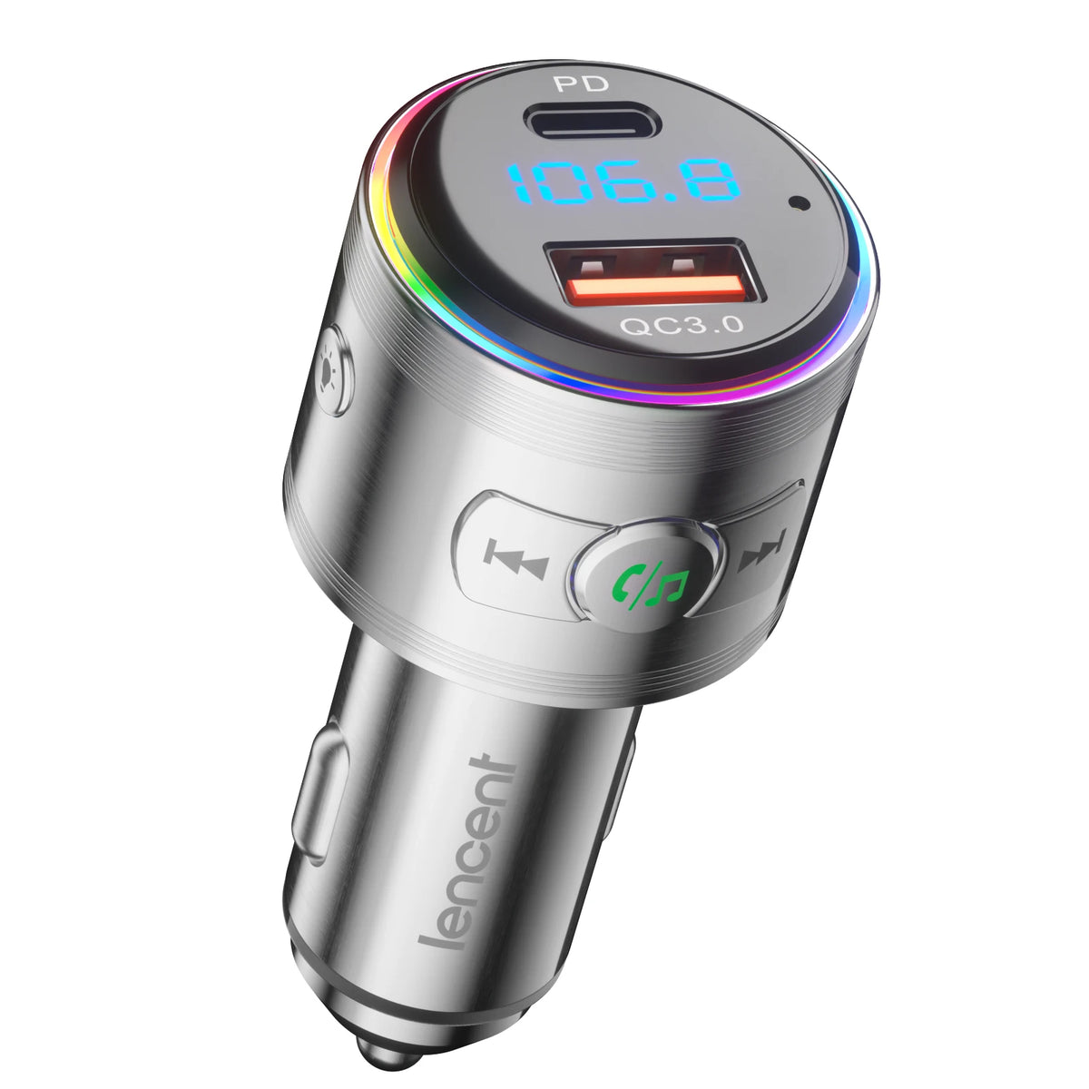 LENCENT Bluetooth 5.3 FM Transmitter Full Metal Bluetooth Car Adapter with PD 20W &amp; QC3.0 Fast Charger Hi-Fi Music Adapter