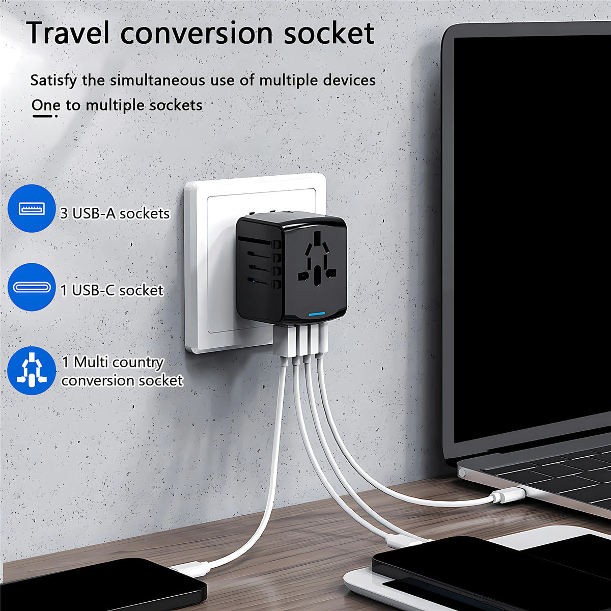 International Travel Adapter Multiple Plugs All in One Power Strip With 3USB 1Type C Ports Fast Charging EU UK US AU For Travel