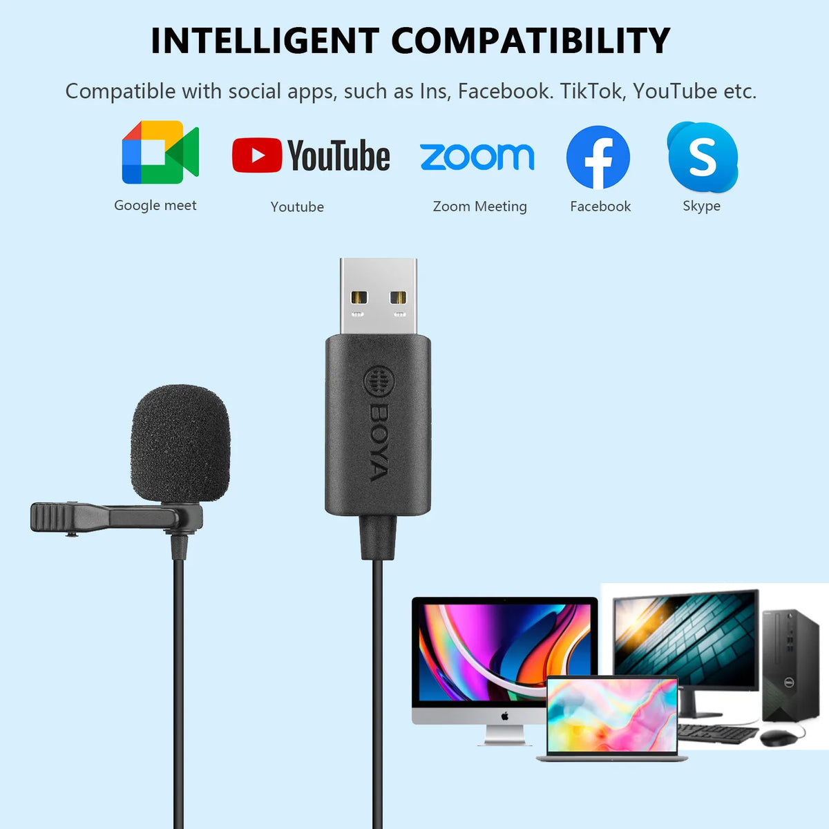 BOYA BY-LM40 4m Lavalier Lapel USB Microphone for PC Gaming Laptop Computer Windows Mac Streaming Vlogging Youtube Recording