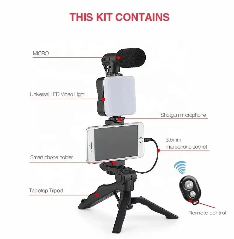 Smartphone Vlogging Kit With Tripod Phone Holder For TikTok Live Stream Video Mini Microphone LED Fill Light Starter - Stereotech