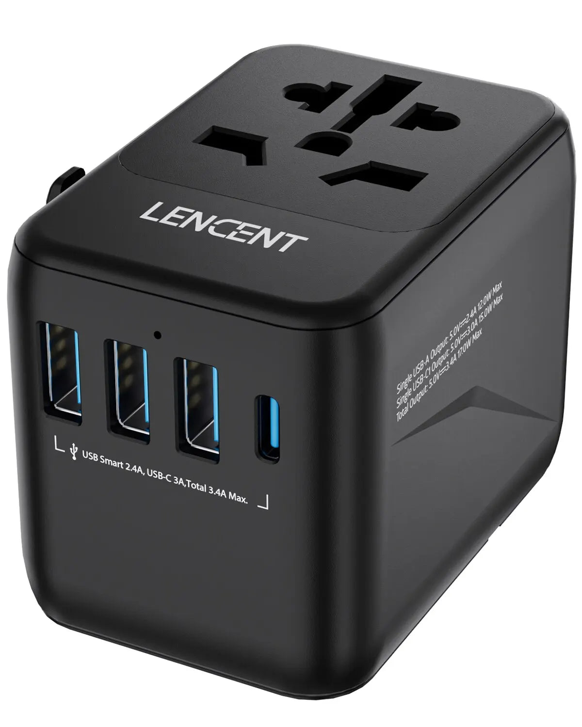 LENCENT Universal Travel Adapter with 3 USB Ports 1Type-C PD Charging All-in-one Travel Adapter EU/UK/USA/AUS Plug for Travel