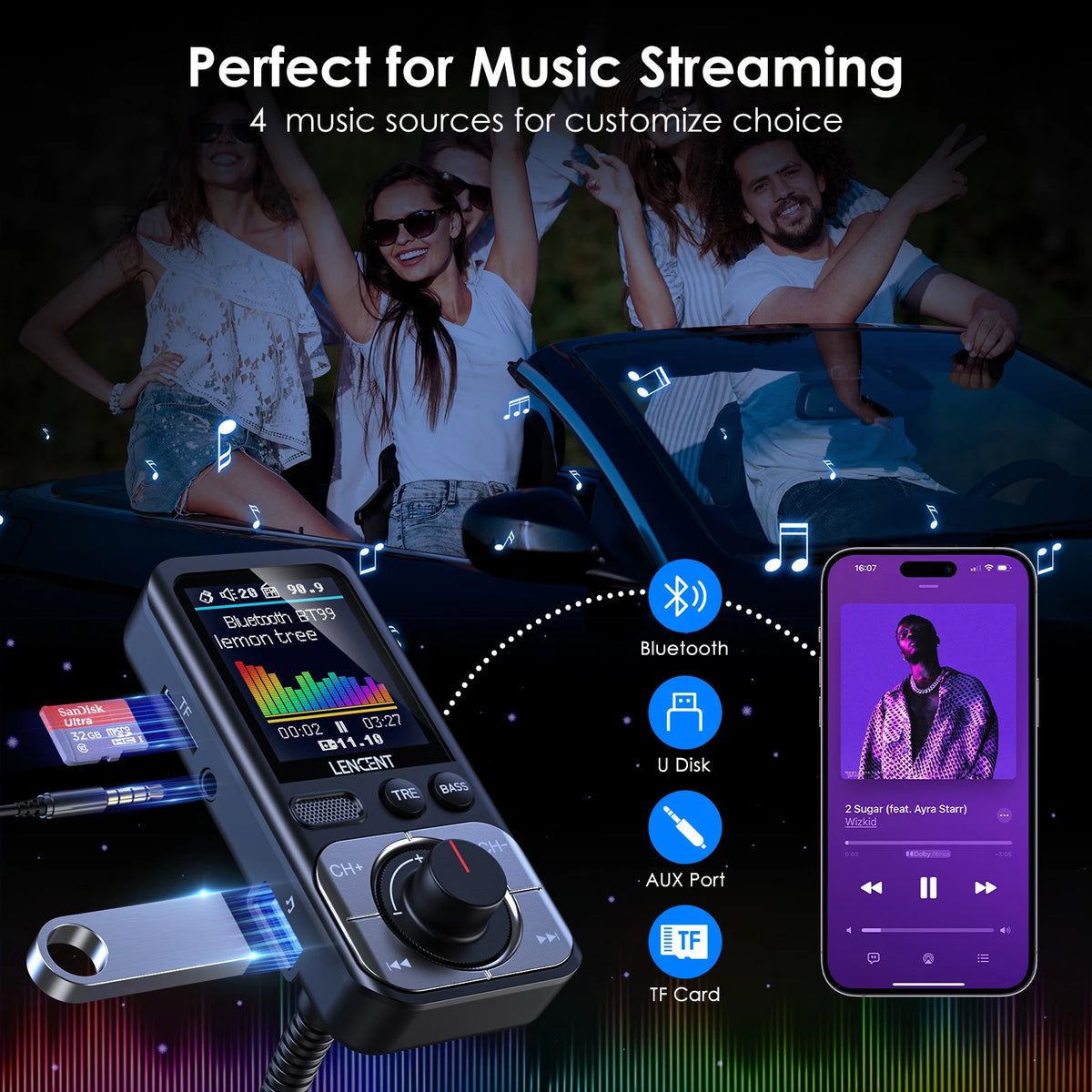 LENCENT FM Transmitter Modulator Car Bluetooth 5.0 with 2USB ports QC3.0  Car Fast Charger MP3 Player Radio Transmitter