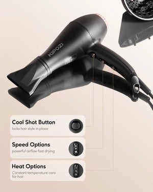 KIPOZI Professional 2200W Hair Dryers, Negative Ionic Blow Dryer with Diffuser and Airflow Concentrator, Fast Drying Time