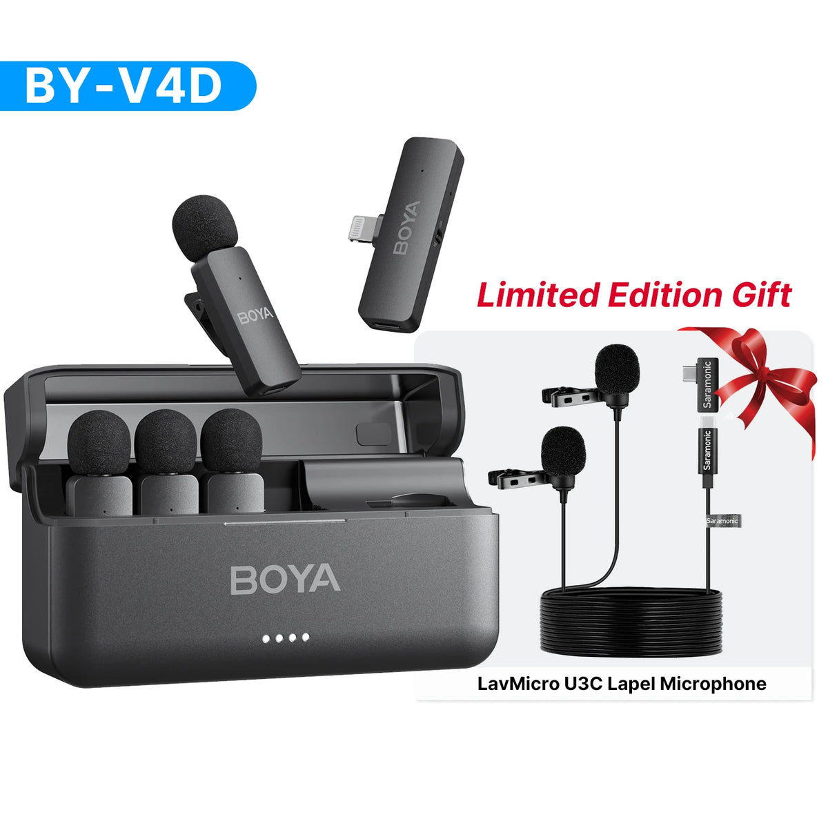 BOYA BY-V4 Four-channel Wireless Lavalier Microphone for iPhone 15 Series Type C Smartphone Lapel Mic for Youtube Recording Vlog