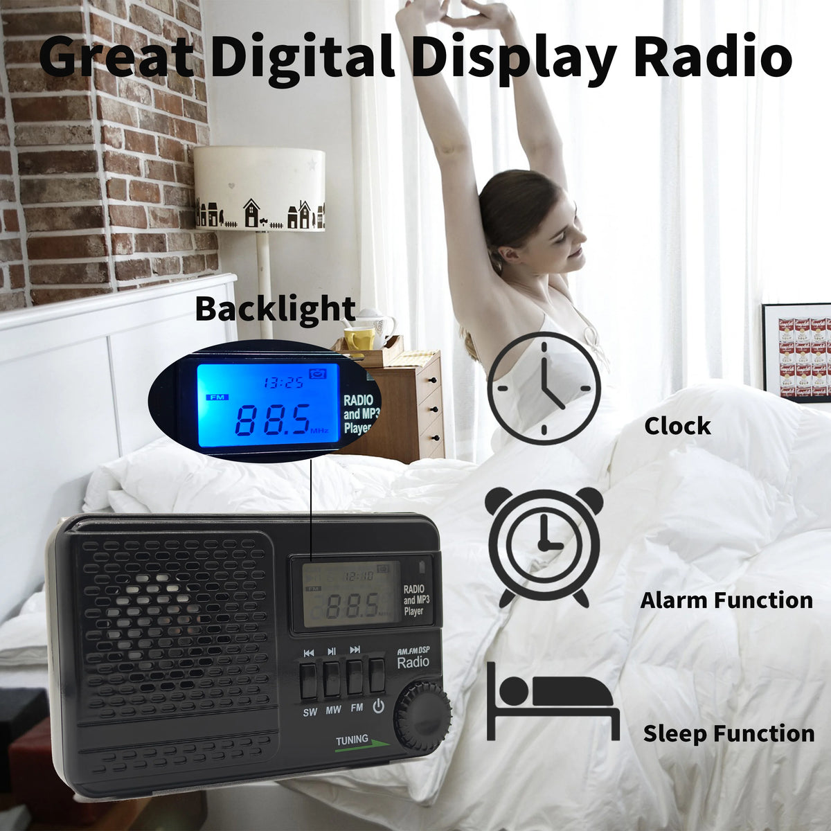 SY-1192 AM FM SW 3-Band Transistor Pocket Radio Battery Operate   Support USB/TF Card Headphone Jack Timer Alarm Clock(Black)