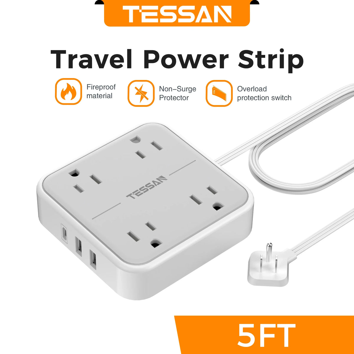 TESSAN Ultra Thin Flat Power Strip Plug with 8 Outlets 3 USB Multi Outlet Surge Protector with 5FT 10FT Extension Cable
