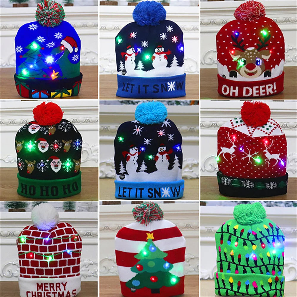Christmas Hats Sweater Santa Elk Knitted Beanie Hat With LED Light Up Cartoon Pattern Xmas Gift For Kids 2023 New Year Supplies