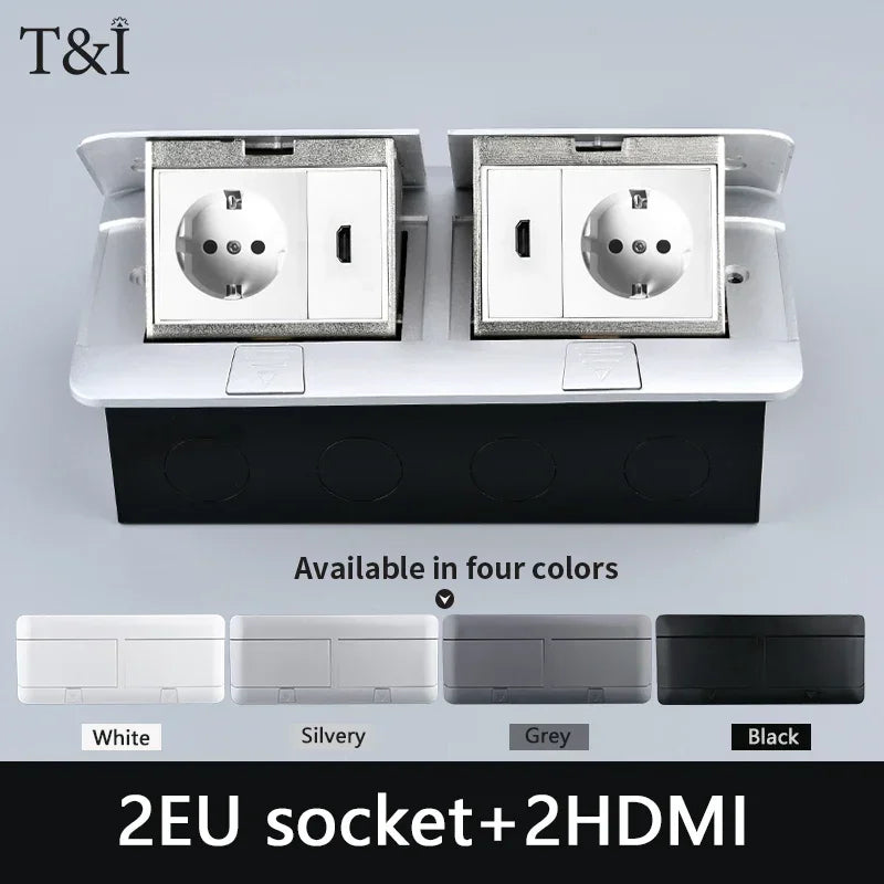 EU Floor Socket Hidden Desktop Socket with USB HDMI TV Cabinet Electrical Outlet Recessed Power Strip Table Socket 120x220mm