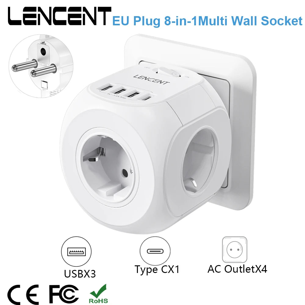 LENCENT EU Plug  Wall Socket Extender with 4 AC Outlets+3 USB +1 Type C 5V/3A Charger Adapter 8-in-1 Socket On/Off Switch
