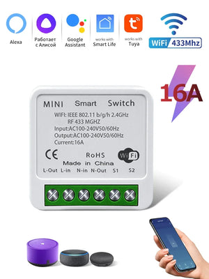 Wifi Tuya Smart Switch RF 433MHz 16/20A Alexa Google Assistant Alice Wireless Relay DIY Mini Module for Wall Panel Led Lighting