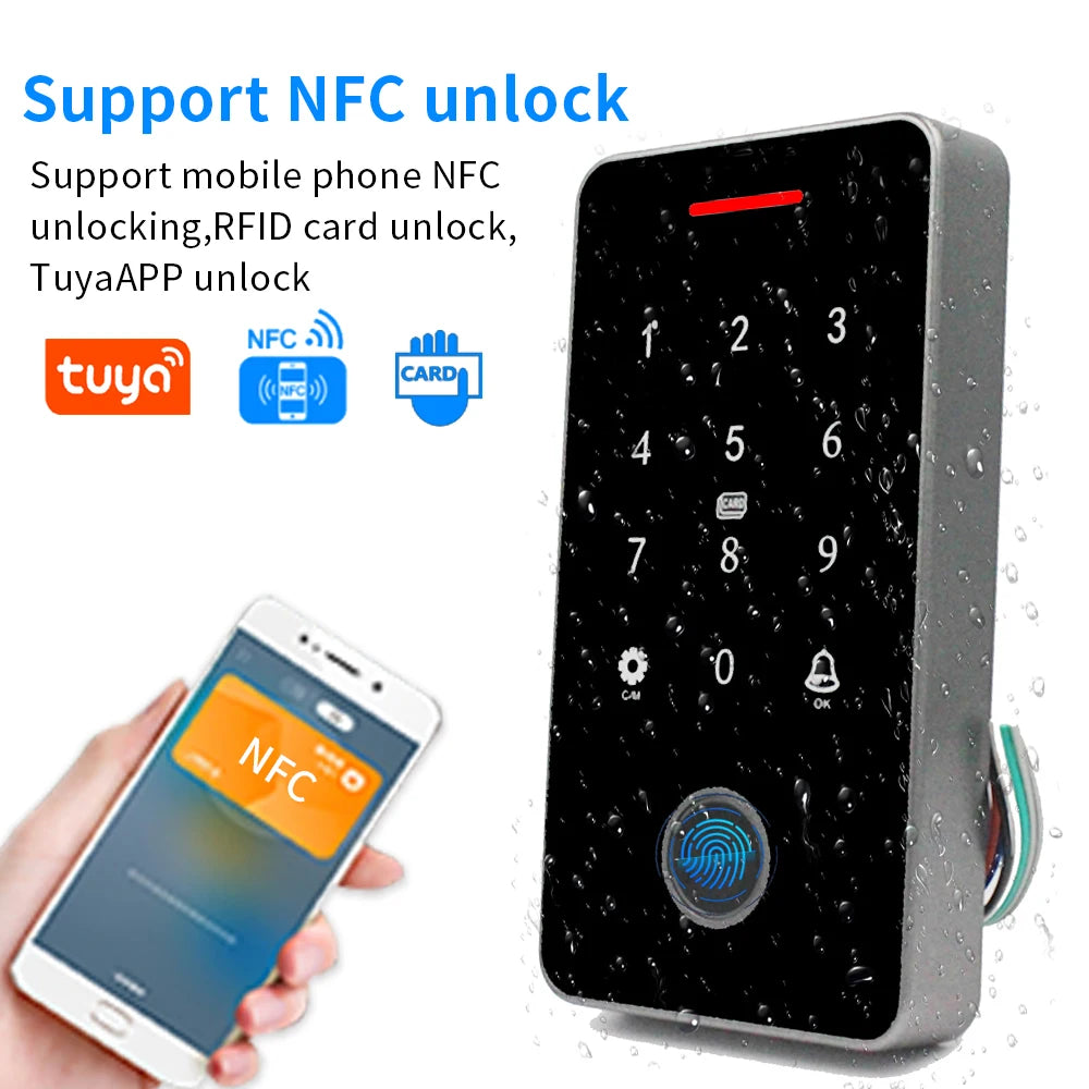 NFC Bluetooth Tuya APP Backlight Touch 13.56Mhz RFID Card Access Control Keypad Door Lock Opener WG Output IP66 Watreproof