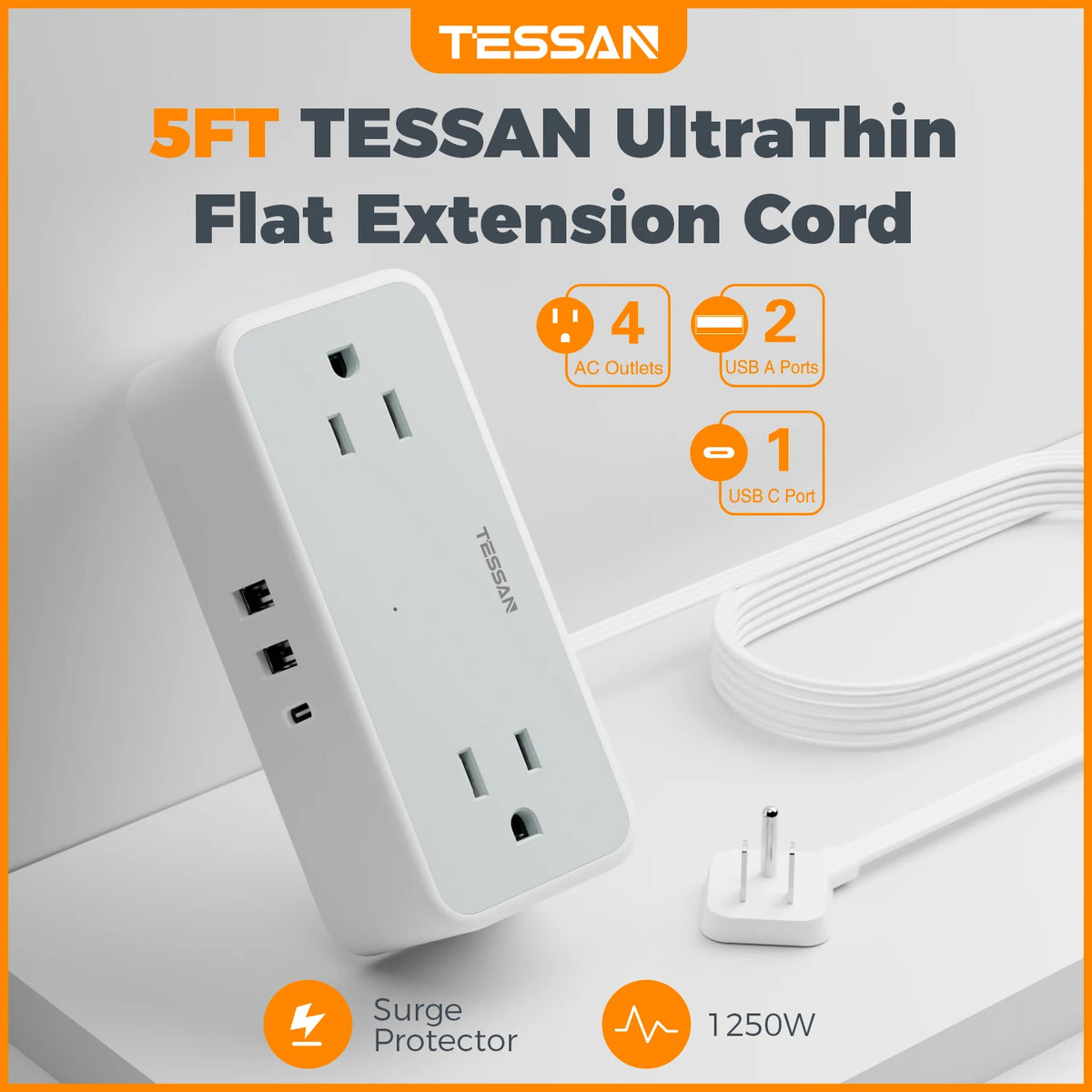 TESSAN Ultra Thin Extension Cord Power Strip with 3 USB 4 AC Adapter Mini Charging Station for Cruise Travel Office School