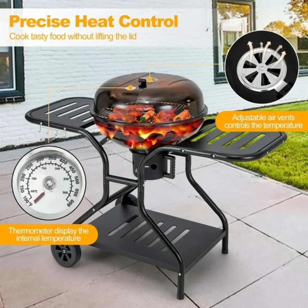 Garden Grill 22 Inch Charcoal BBQ Grill With Built-In Thermometer Wheels Side &amp; Bottom Shelves Barbecue Brazier Camping Supplies - Stereotech