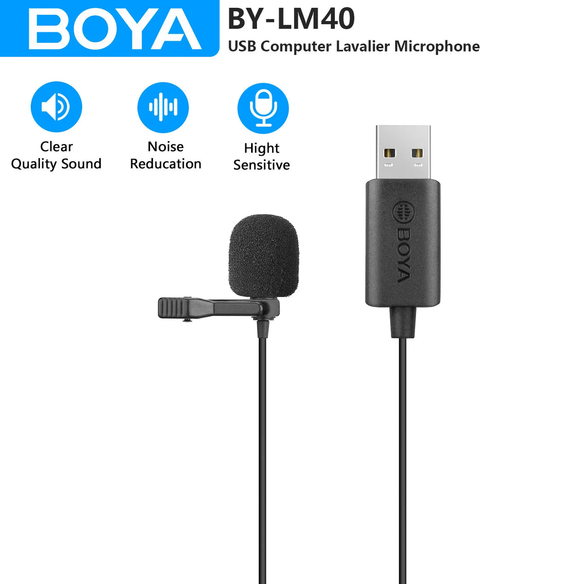 BOYA BY-LM40 4m Lavalier Lapel USB Microphone for PC Gaming Laptop Computer Windows Mac Streaming Vlogging Youtube Recording