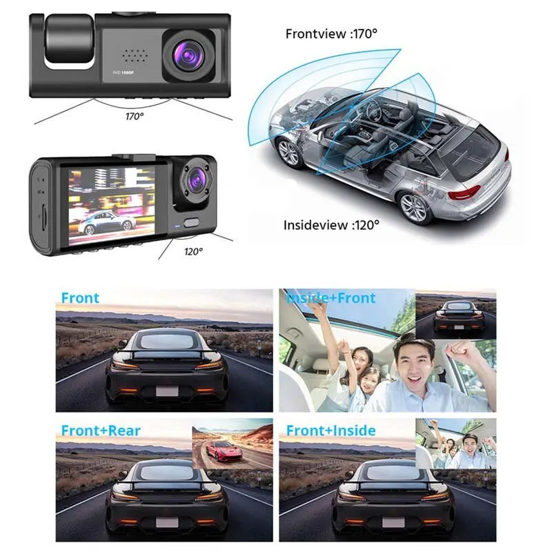Dash Cam 1080P Car Video Recorder W/ IR Night Vision Loop Recording &amp; 2&quot; IPS Screen 1080P 3 Camera Black Box