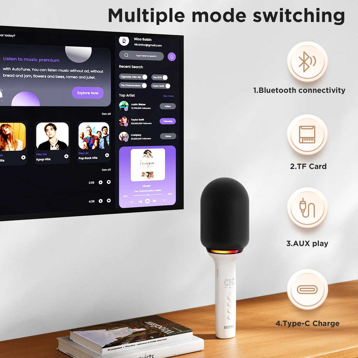 BOYA K11 Bluetooth Wireless Karaoke Microphone Portable Singing Machine for Kids Singing,KTV,Rever,Voice Changer,Live Streaming