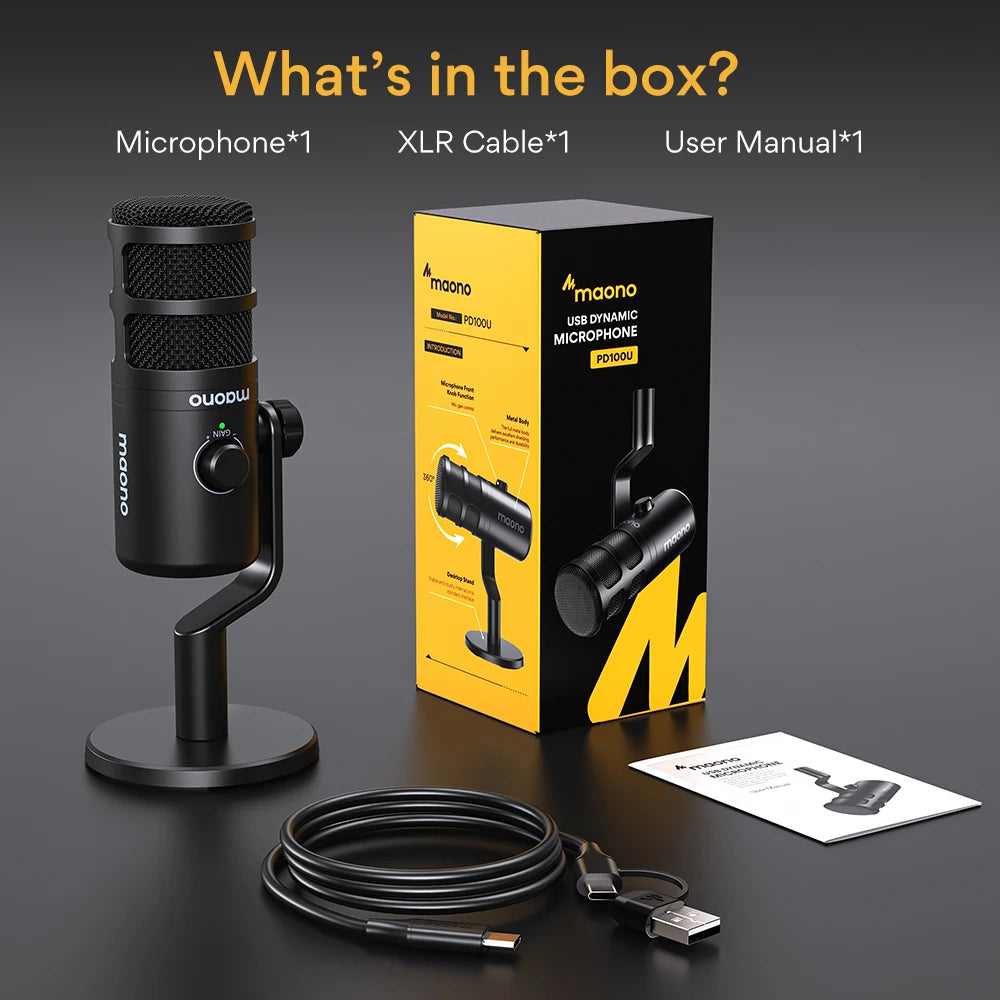 MAONO PD100U Dynamic USB Microphone With Type-c Connector For Phone Compute Metall Mic For Recording Streaming Gaming - Stereotech