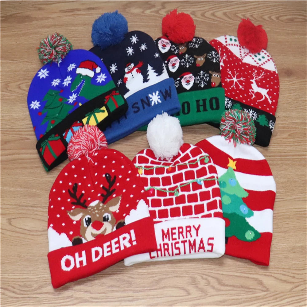 Christmas Hats Sweater Santa Elk Knitted Beanie Hat With LED Light Up Cartoon Pattern Xmas Gift For Kids 2023 New Year Supplies