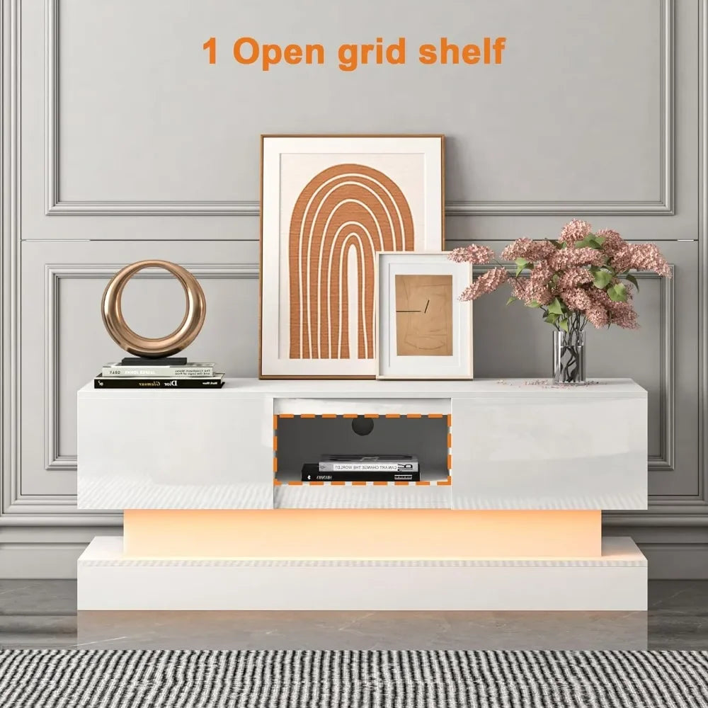 White LED TV Stand - Modern TV Stand with Led Lights and Storage Drawers for TVs up to 55 Inch - Gaming TV Entertainment Stand