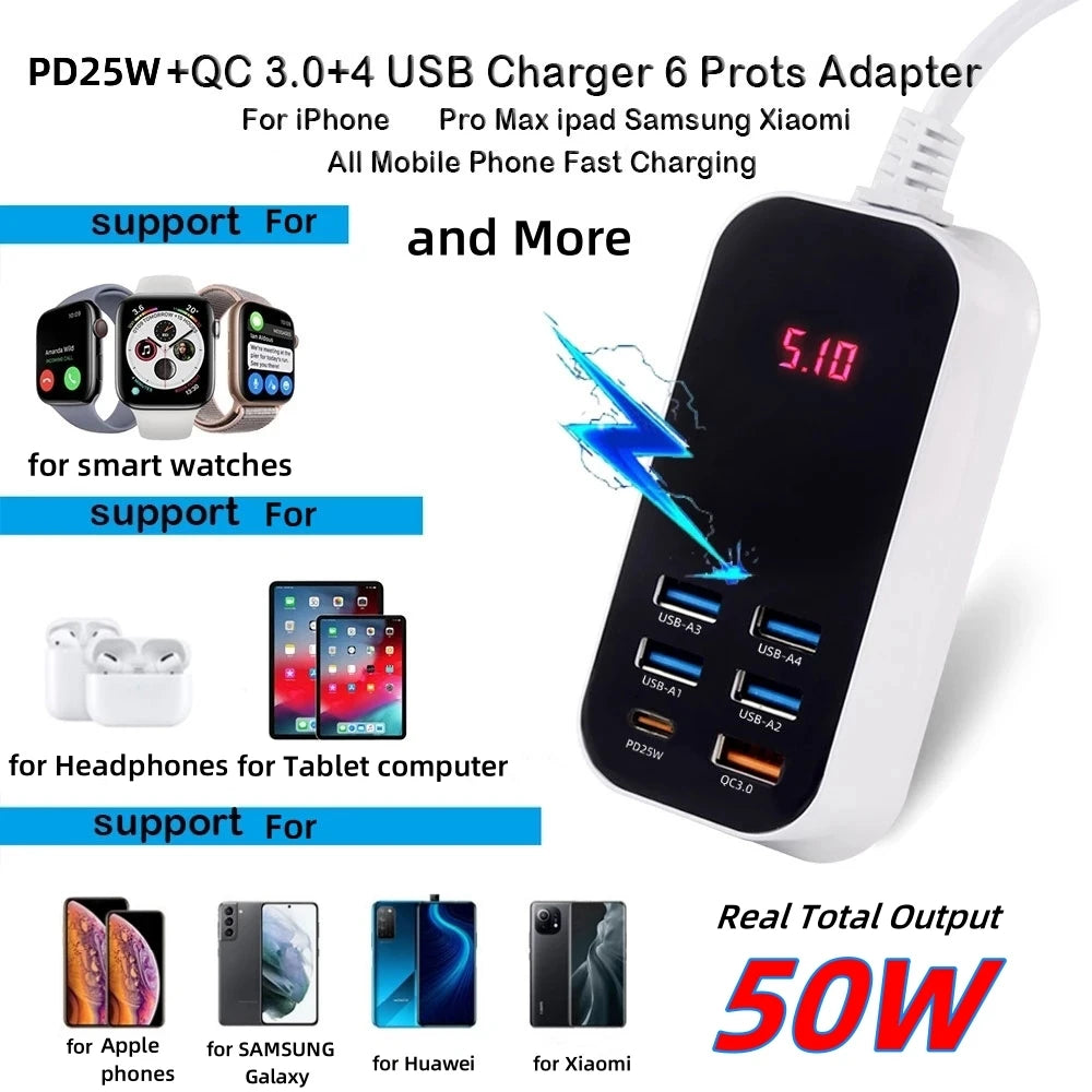 50W Multiple Port USB Charger PD25W Type C QC3.0 Fast Charging Desktop Wall Power Adapter Phone UK EU US Korea Plug Quick Charge
