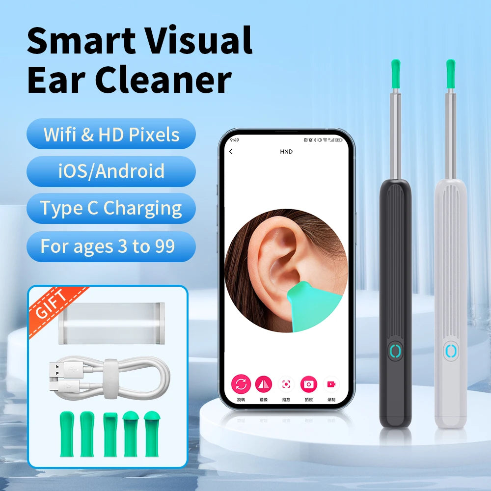 Smart Ear Cleaner with Camera WiFi Connect 6 LED Lights 3.6mm Mini Ear Wax Removal Tool With Camera Take Video HD Earpick - Stereotech