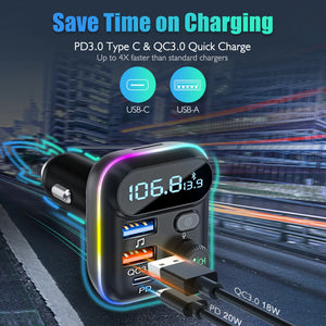 LENCENT FM Transmitter Wireless Bluetooth 5.0 Radio Car Kit  with Type-C PD + QC3.0 Fast USB Charger Mp3 Player Receiver Hi Fi