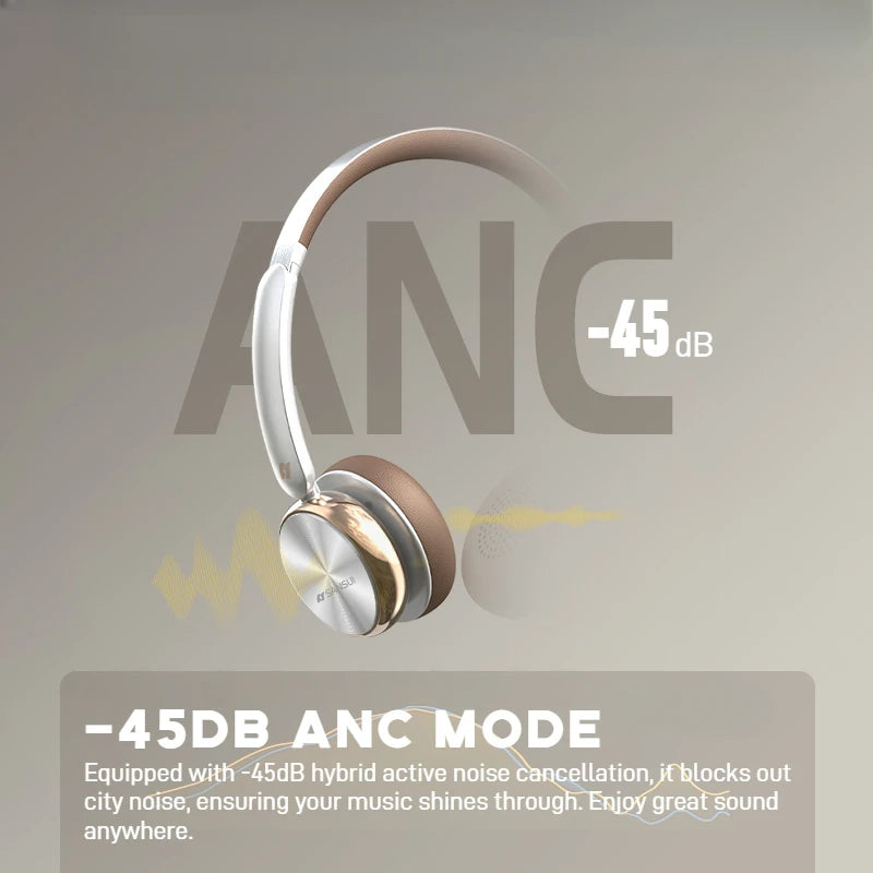 Sansui DT11 ANC Wireless Bluetooth 5.4 Headphone -45dB Active Noise Reduction Headsets 50H Playtime Over Ear Retro Earphones