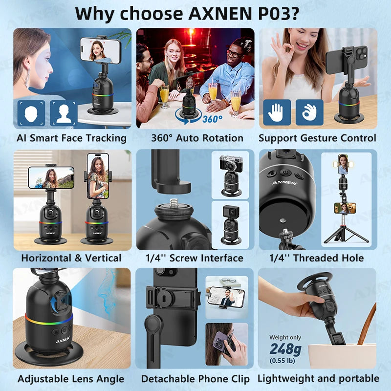 AXNEN P03 Gimbal Mobile Phone Stabilizer AI Face Tracking 360 Rotation Desktop Follow Selfie Stand for Iphone 15 Pro Max Android