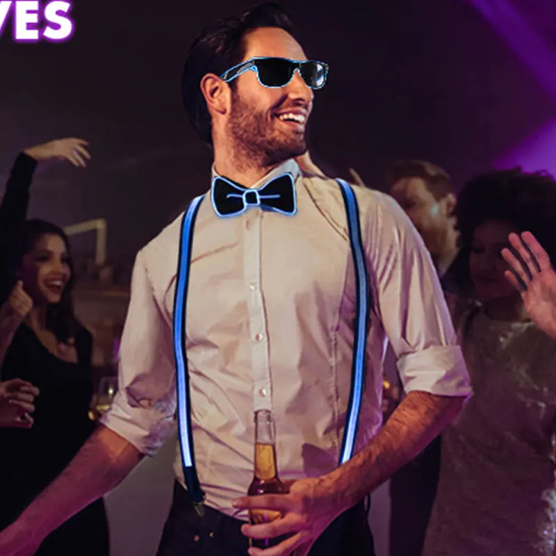 Men&#39;s LED Suspenders Luminous Costumes Light Up Bowtie, Burning Man Costume Party Perfect for Music Festival Party