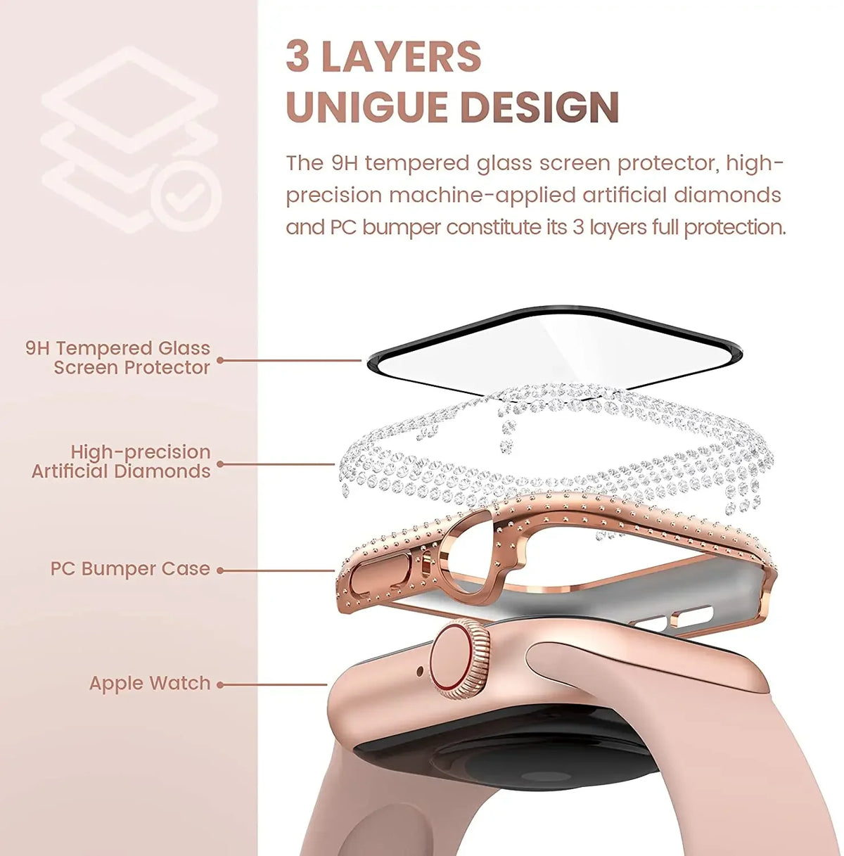 Diamond Watch Case Built-in Tempered Glass for Apple Watch 9 41mm 45mm 38mm 40mm 42mm 44mm iWatch Series 8 7 6 SE 5 4 3 Cover - Stereotech