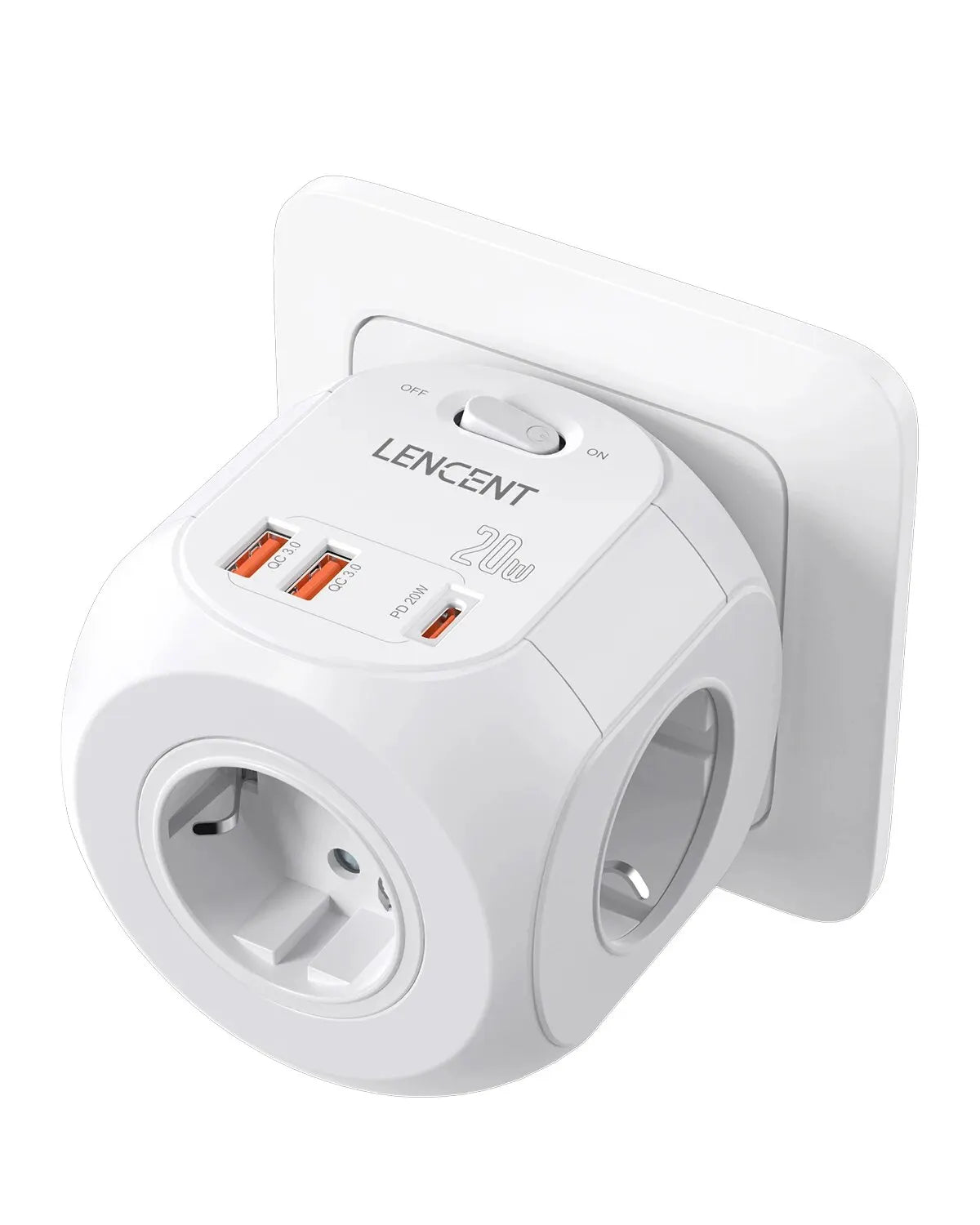 LENCENT Wall Socket Extender with 3 AC Outlets 3 USB Ports And1 Type C 7-in-1 EU Plug Charger On/Off Switch for Home