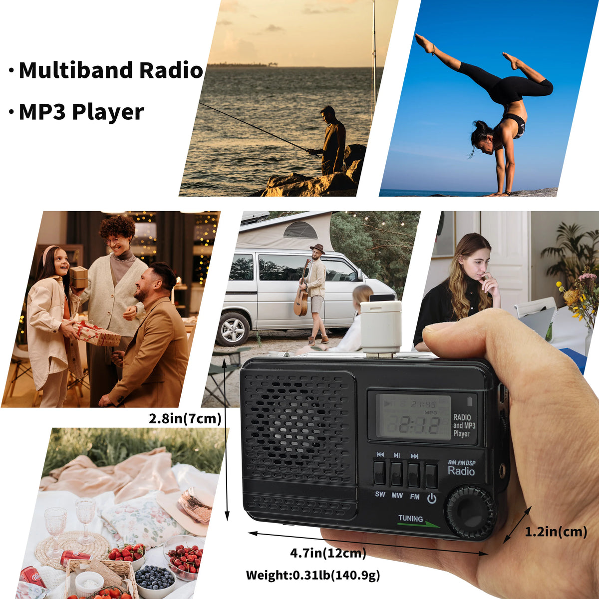 SY-1192 AM FM SW 3-Band Transistor Pocket Radio Battery Operate   Support USB/TF Card Headphone Jack Timer Alarm Clock(Black)