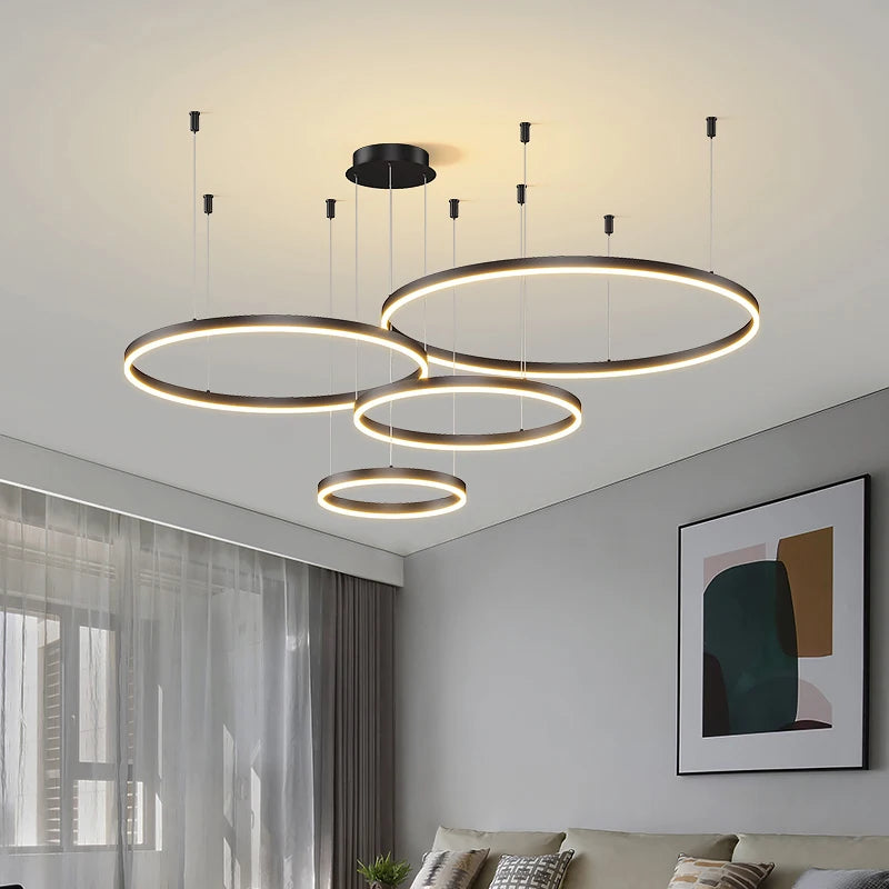 Minimalist Modern Led Chandelier Home Lighting Brushed Rings Ceiling Mounted Chandelier Lighting Hanging Lamp Gold&amp;Black Frame