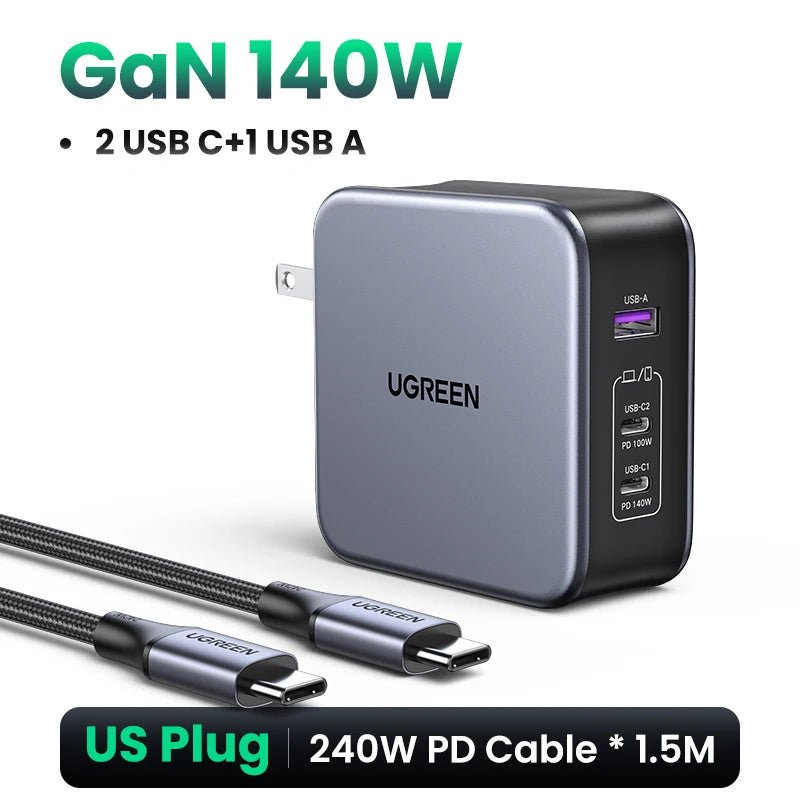 UGREEN 140W GaN Charger USB Type C PD3.1 Fast Charge For Macbook Quick Charge 4.0 3.0 USB Phone Charger For iPhone Xiaomi Tablet